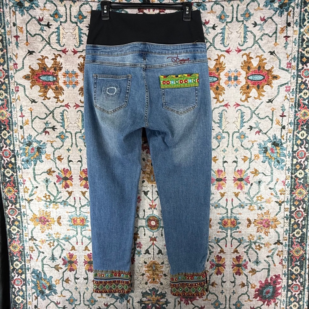 Desigual Maternity Jeans Light Wash Embroidered Patchwork Mirror Detail Boho - Picture 2 of 15